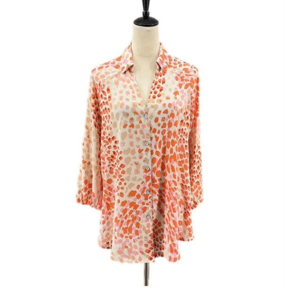 Cabi 6081 Go To White Pink Orange Spotted Collared 3/4 Sleeve Button Up Blouse